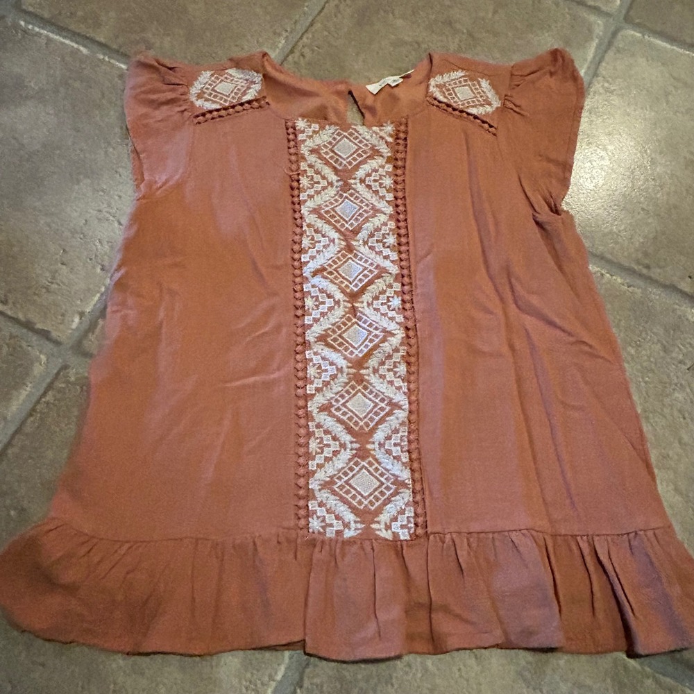 Bohme Terracotta Rust Embroidered Flutter Sleeve Ruffle Hem Top Small
